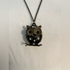 Black Owl On A Branch Pendant Necklace‎ With Rhinestones 14”